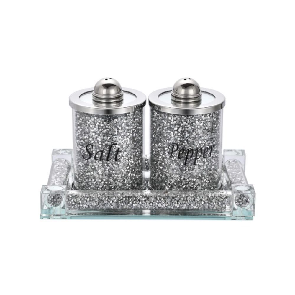 Crushed Diamond Salt and Pepper Shakers With Tray - Picture 2 of 5
